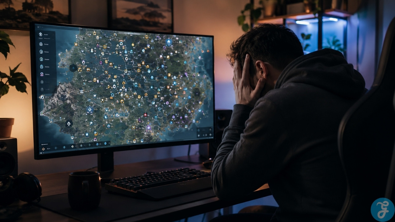 Frustrated gamer facing an overcrowded open world map, showing how too many icons can turn exploration into burnout