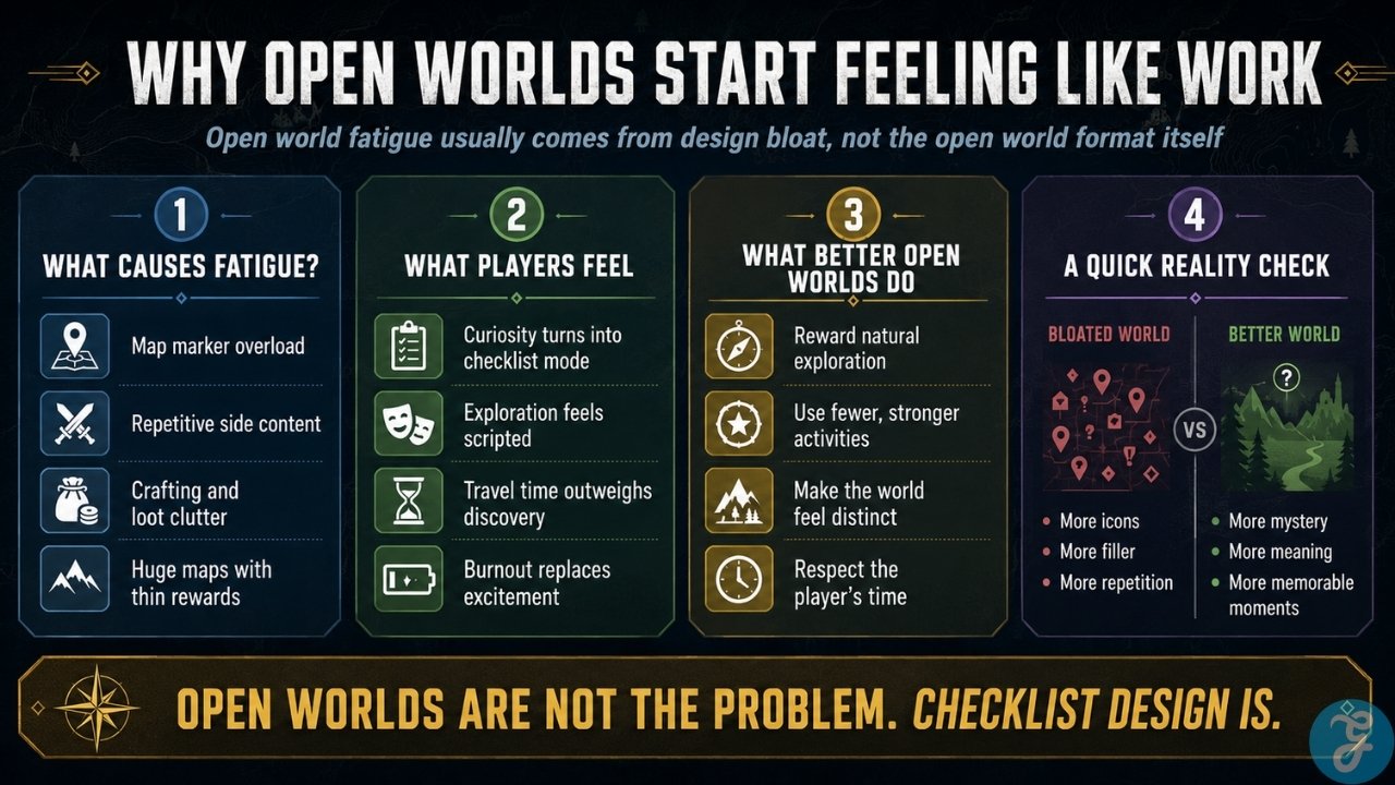 Infographic explaining how map clutter, repetitive quests, and checklist design create open world fatigue for players