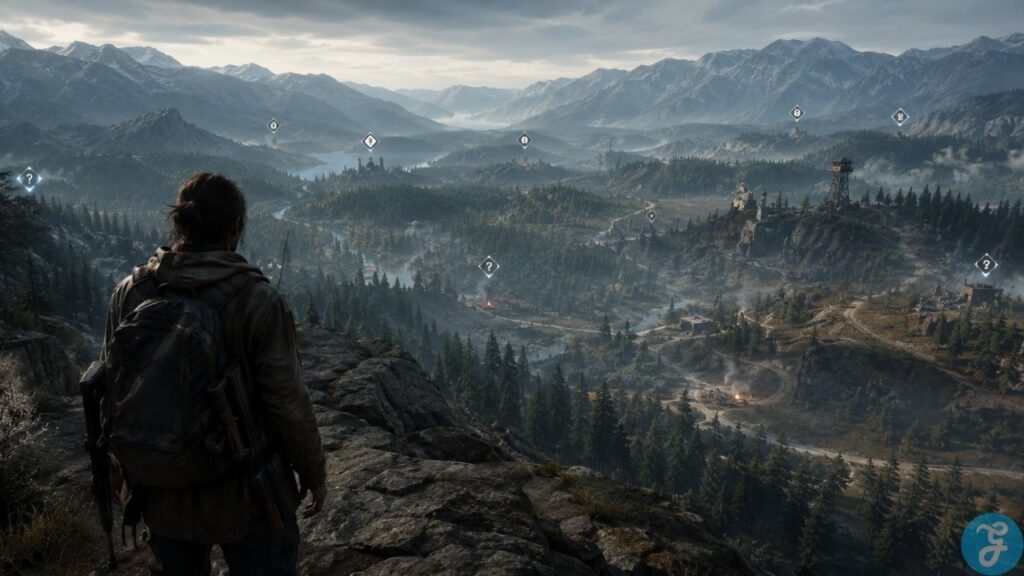 Open World Fatigue. Gamer overlooking a vast open world filled with map markers, showing how open world fatigue starts when exploration becomes overwhelming