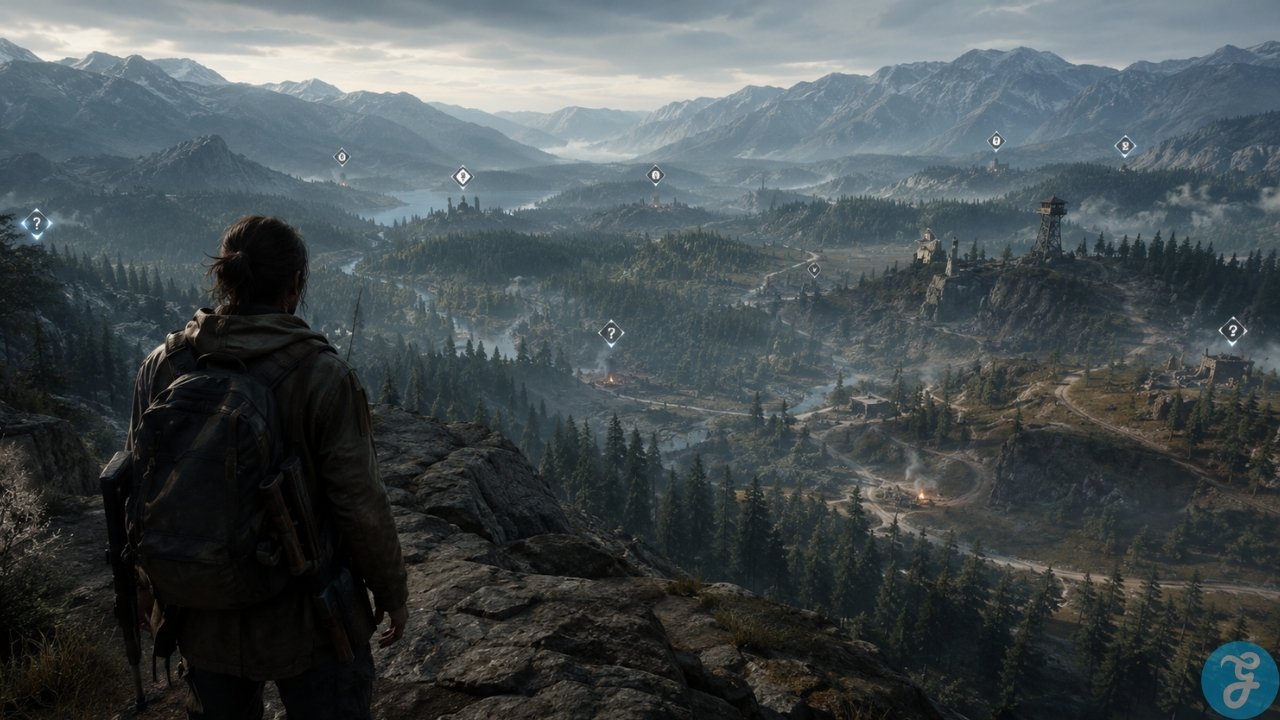 Open World Fatigue. Gamer overlooking a vast open world filled with map markers, showing how open world fatigue starts when exploration becomes overwhelming