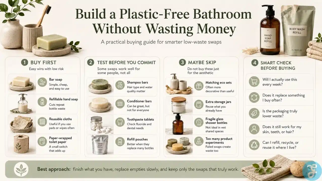 Plastic free bathroom buying guide infographic showing what to buy first, what to test, what to skip, and smart checks before buying