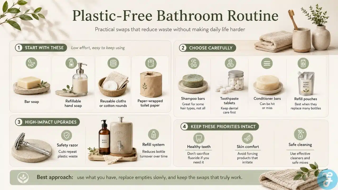 Plastic free bathroom routine infographic showing practical low waste swaps, careful product choices, high impact upgrades, and hygiene priorities