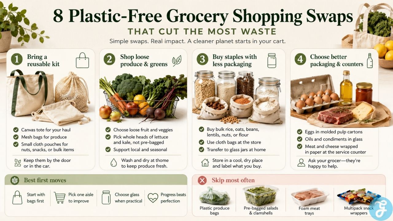 Infographic showing practical plastic free grocery swaps including reusable bags, loose produce, bulk pantry staples, glass containers, and paper wrapped groceries