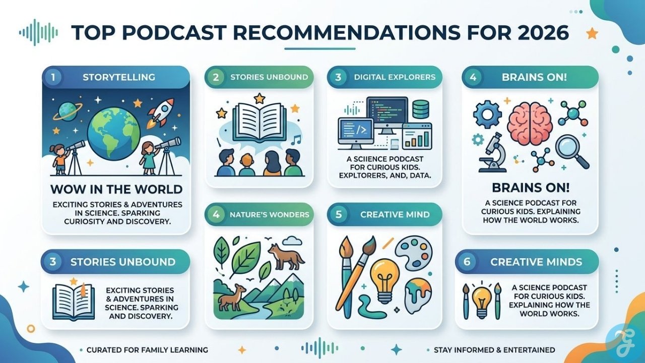 Illustrated podcast recommendations for children covering science, storytelling, nature, and creative learning.