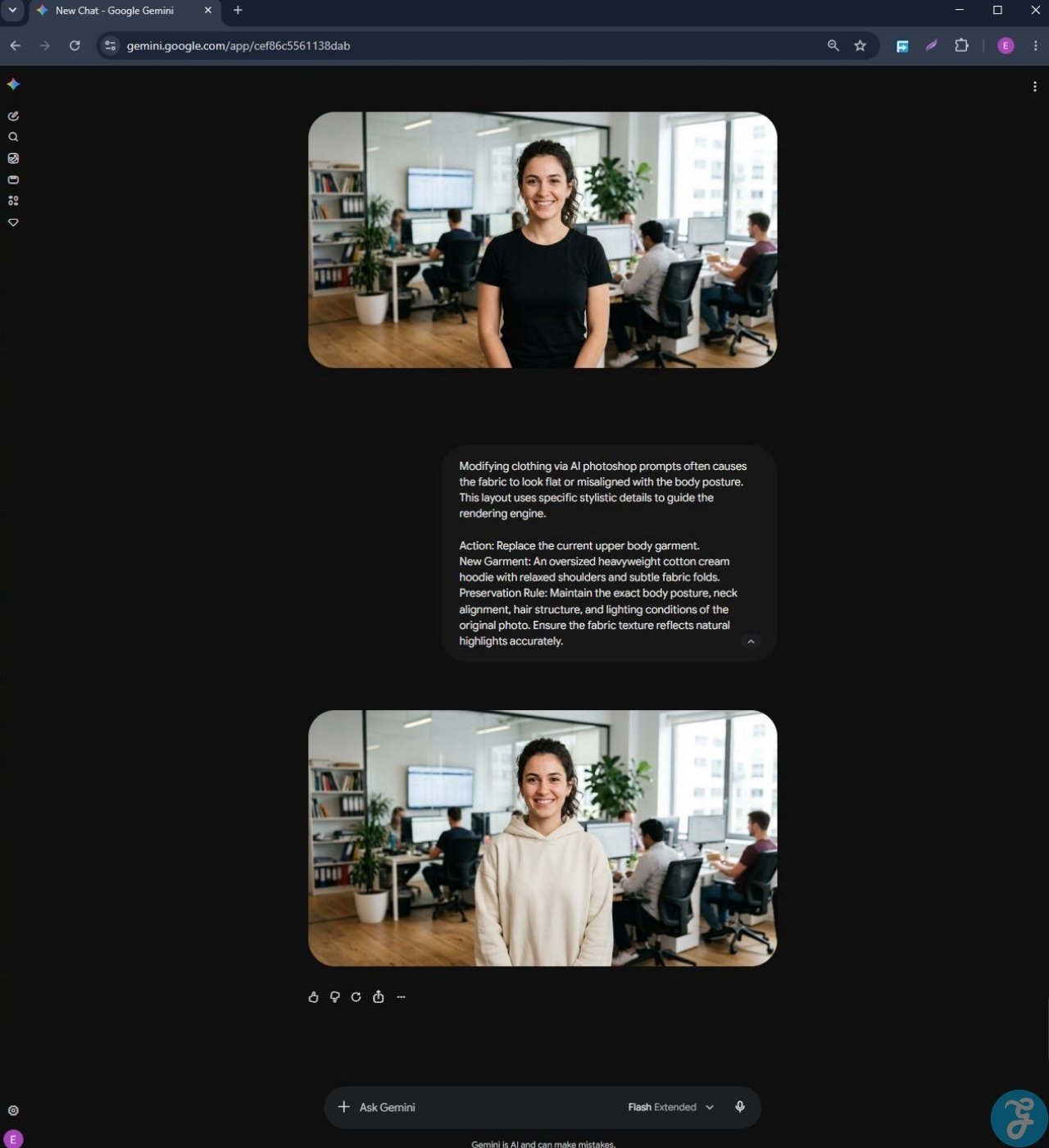 Screenshot showing Prompt 4 used in Gemini to replace a black shirt with a cream hoodie while preserving the subject’s face, pose, and background.