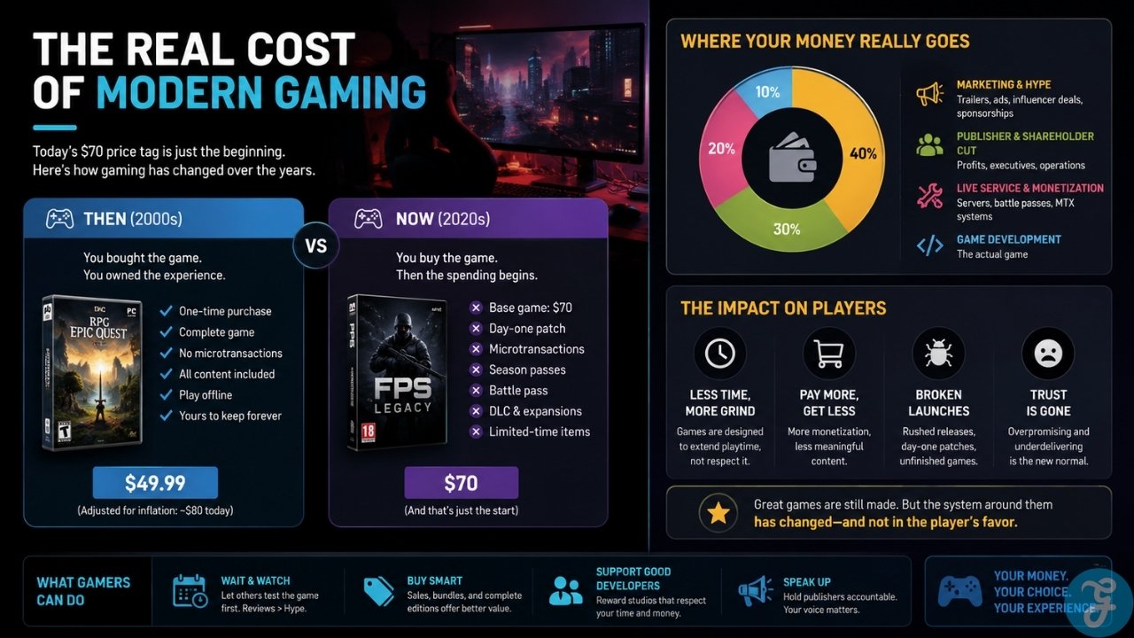 Infographic showing the real cost of modern gaming and how $70 game deals often lead to extra spending through DLC and microtransactions