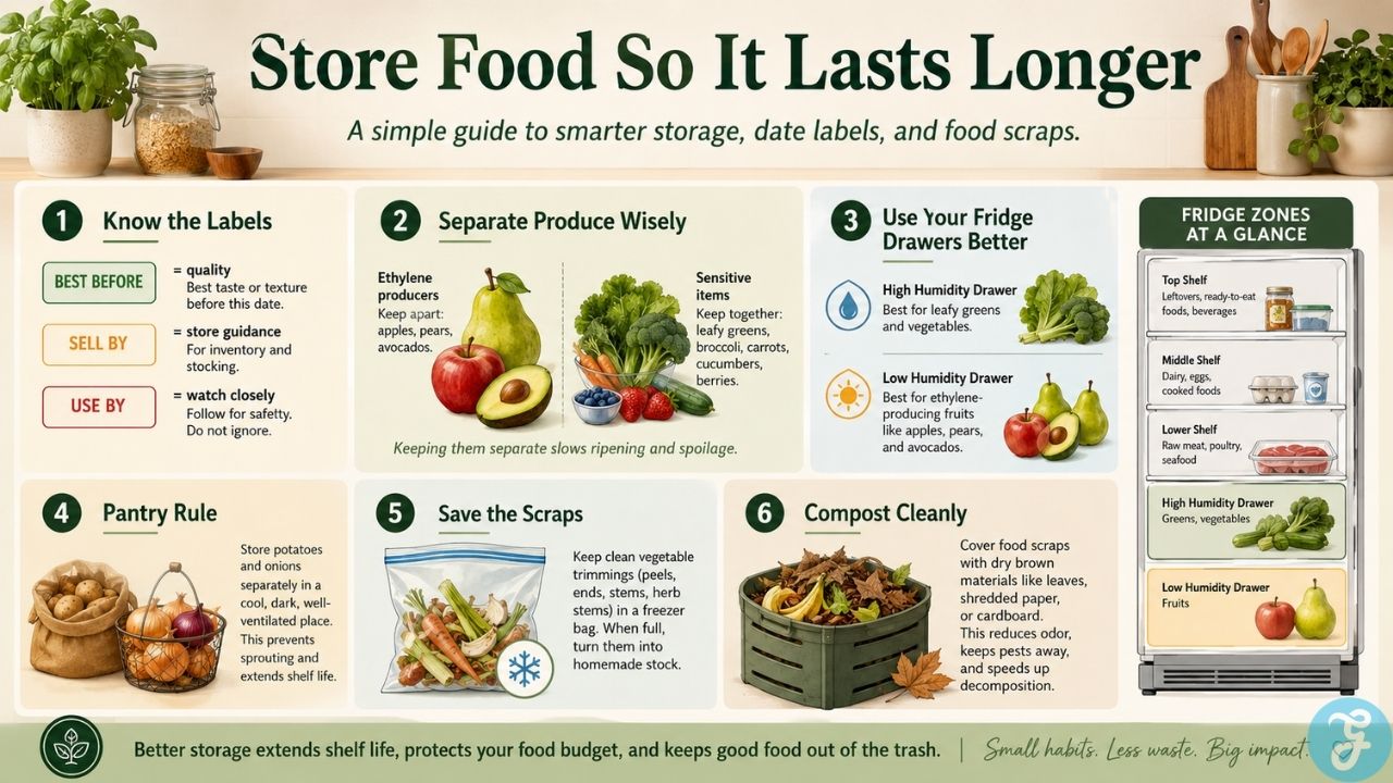 reducing food waste home weekly routine infographic