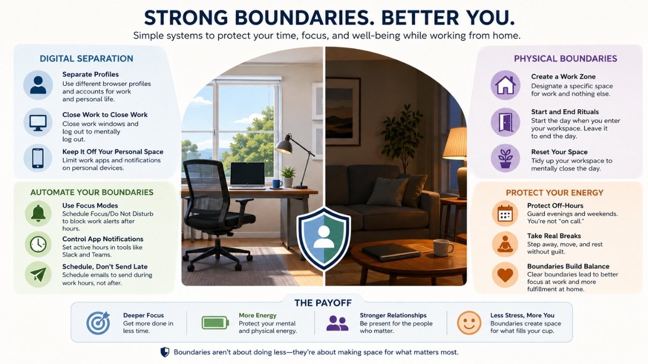Infographic showing digital separation, automated controls, physical workspace limits, and recovery habits for preventing remote work burnout.