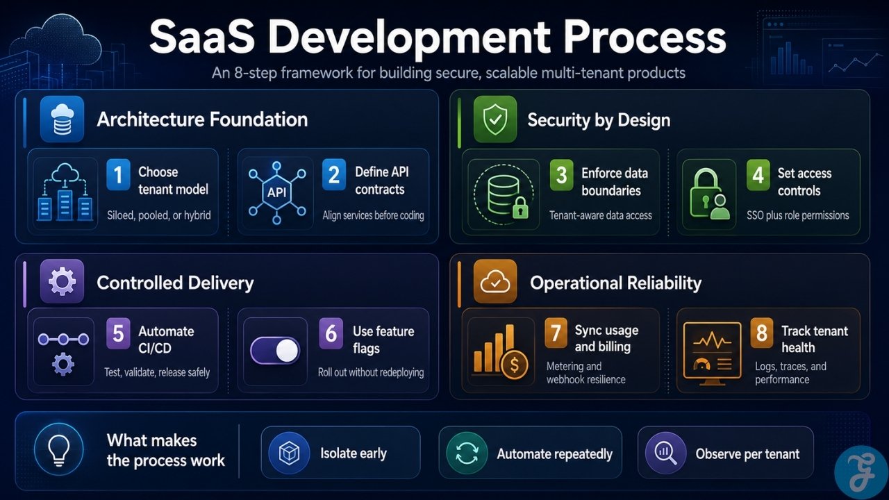 Eight step SaaS development framework showing architecture, security, controlled delivery, billing, and tenant monitoring in four clear phases.