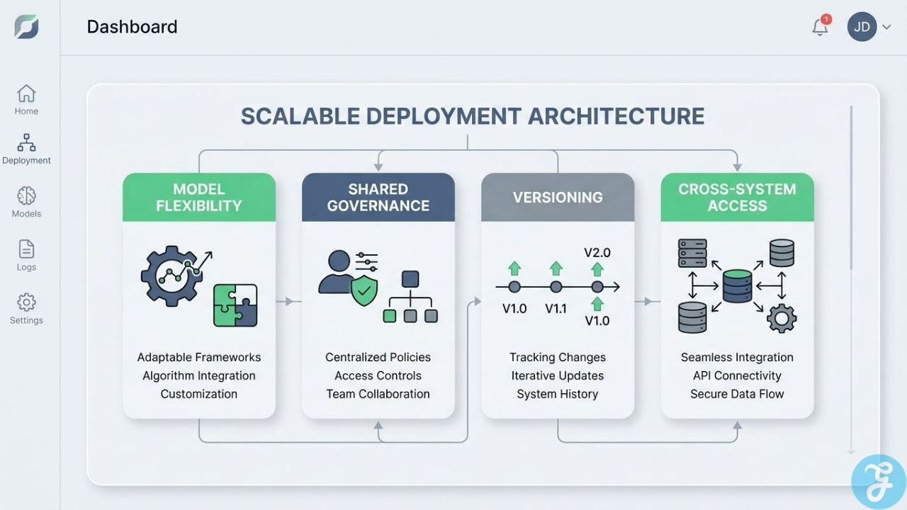Enterprise AI agent deployment framework showing governance, version control, model flexibility, and secure system integration.
