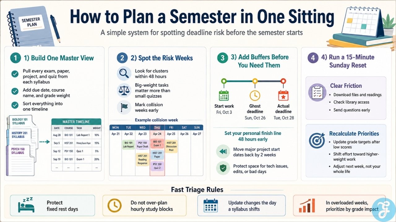 Infographic showing how to organize deadlines, identify busy weeks, add buffers, and review semester priorities.