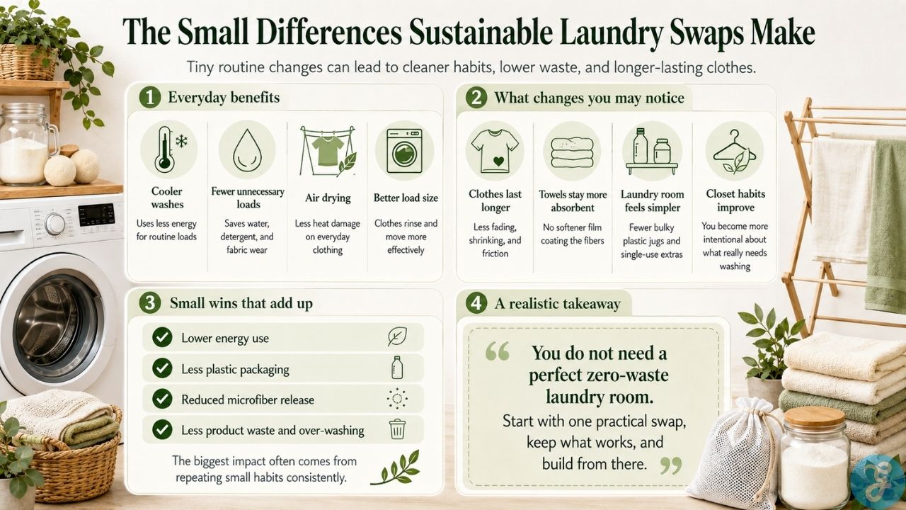 Infographic explaining how sustainable laundry swaps reduce energy use, plastic waste, fabric wear, and improve everyday laundry habits.