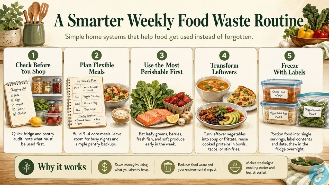 Infographic explaining smart food storage tips for produce date labels pantry items scraps composting and fridge zones