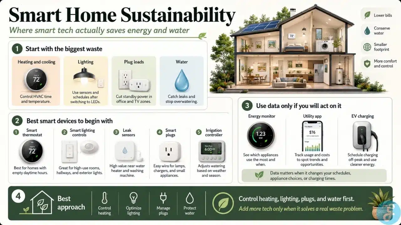 Smart home sustainability infographic showing smart devices for heating, lighting, plug loads, water savings, energy monitoring, and EV charging