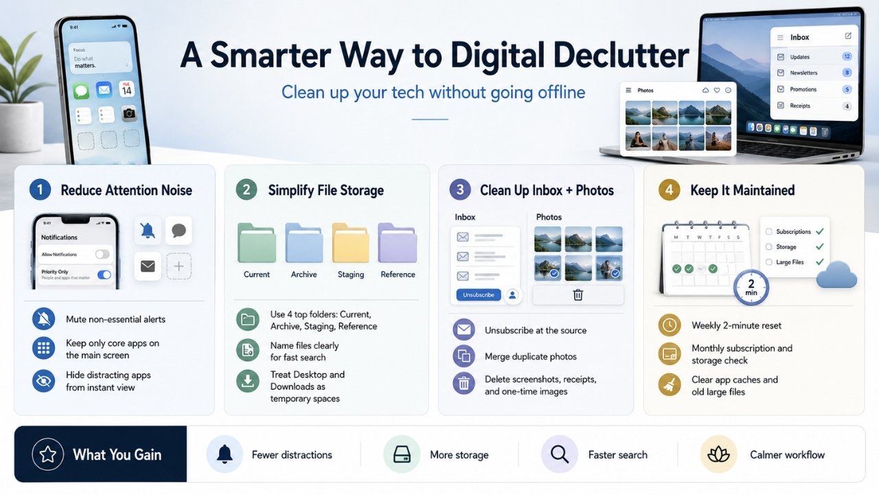Digital decluttering infographic showing practical systems for reducing alerts, organizing files, cleaning inboxes and photos, and maintaining a calmer workflow.