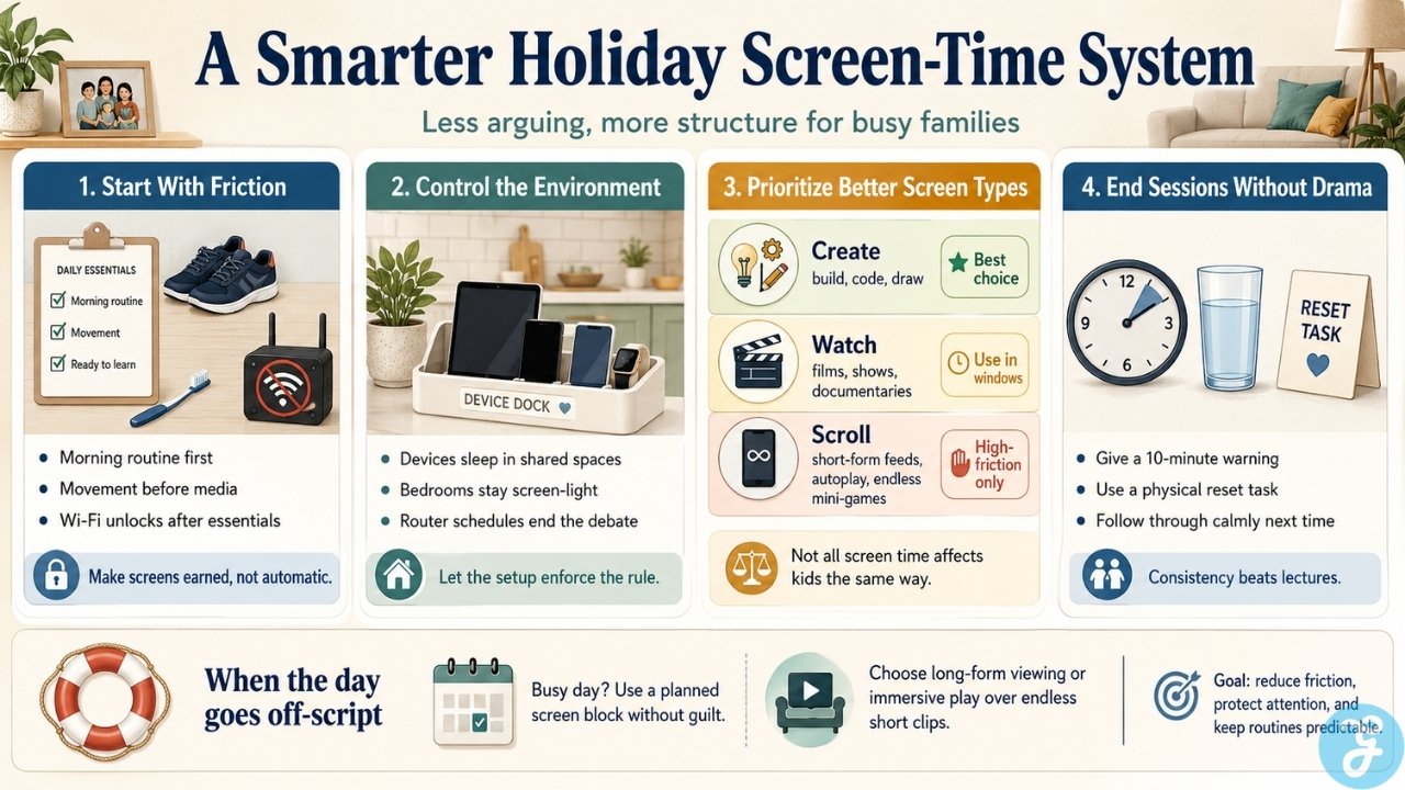 Holiday screen time system covering morning routines, device storage, better screen choices, and calmer transitions for kids.