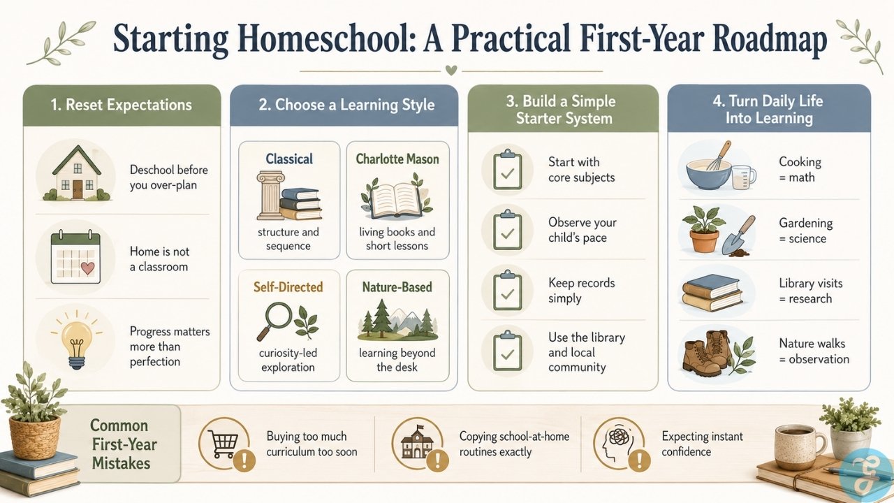 First year homeschool roadmap showing learning styles, simple planning steps, everyday learning ideas, and common beginner mistakes.