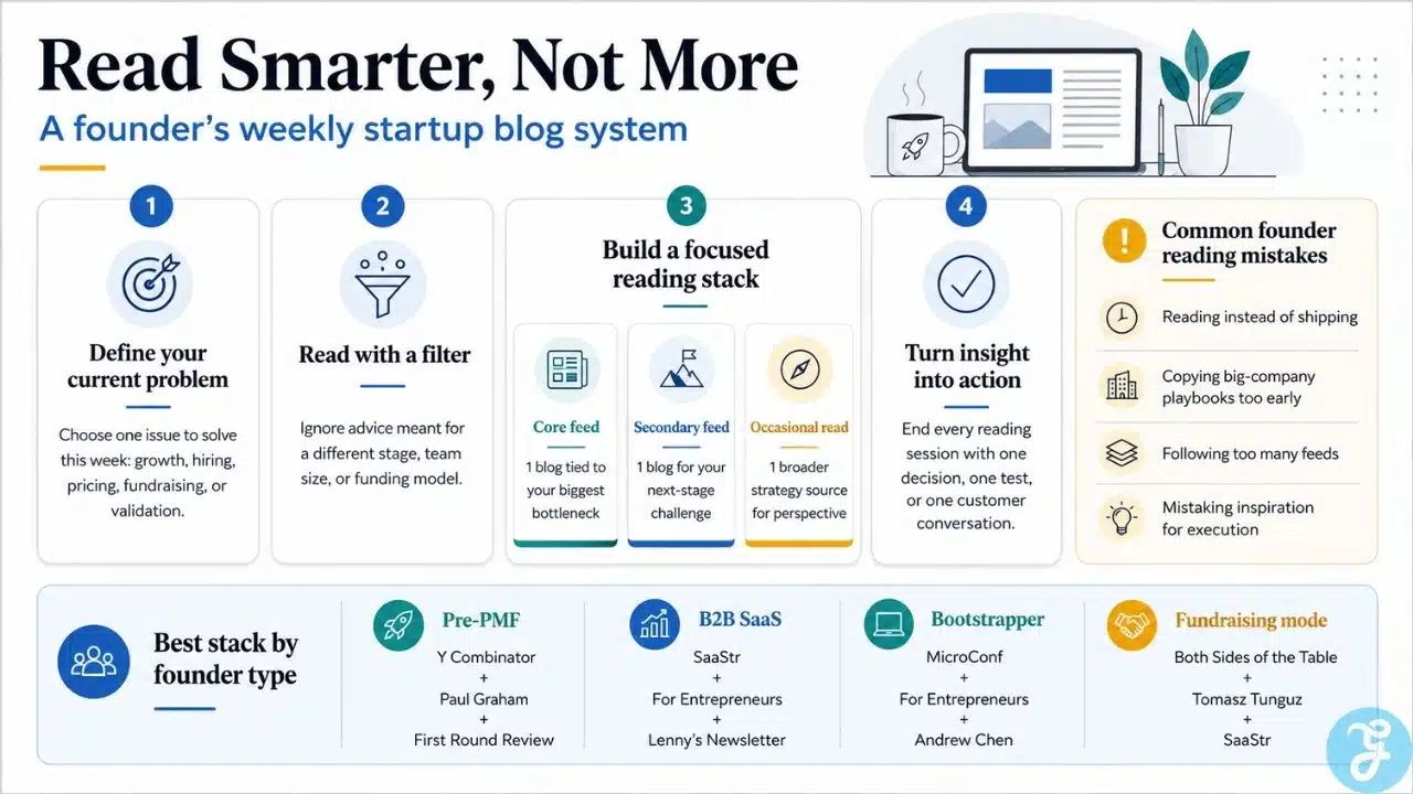 Startup blog reading system for founders showing how to choose focused resources, avoid common mistakes, and turn insights into action