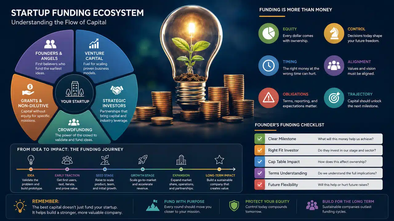 Startup funding ecosystem infographic showing founders, angels, venture capital, grants, crowdfunding, strategic investors, funding stages, and founder funding checklist.