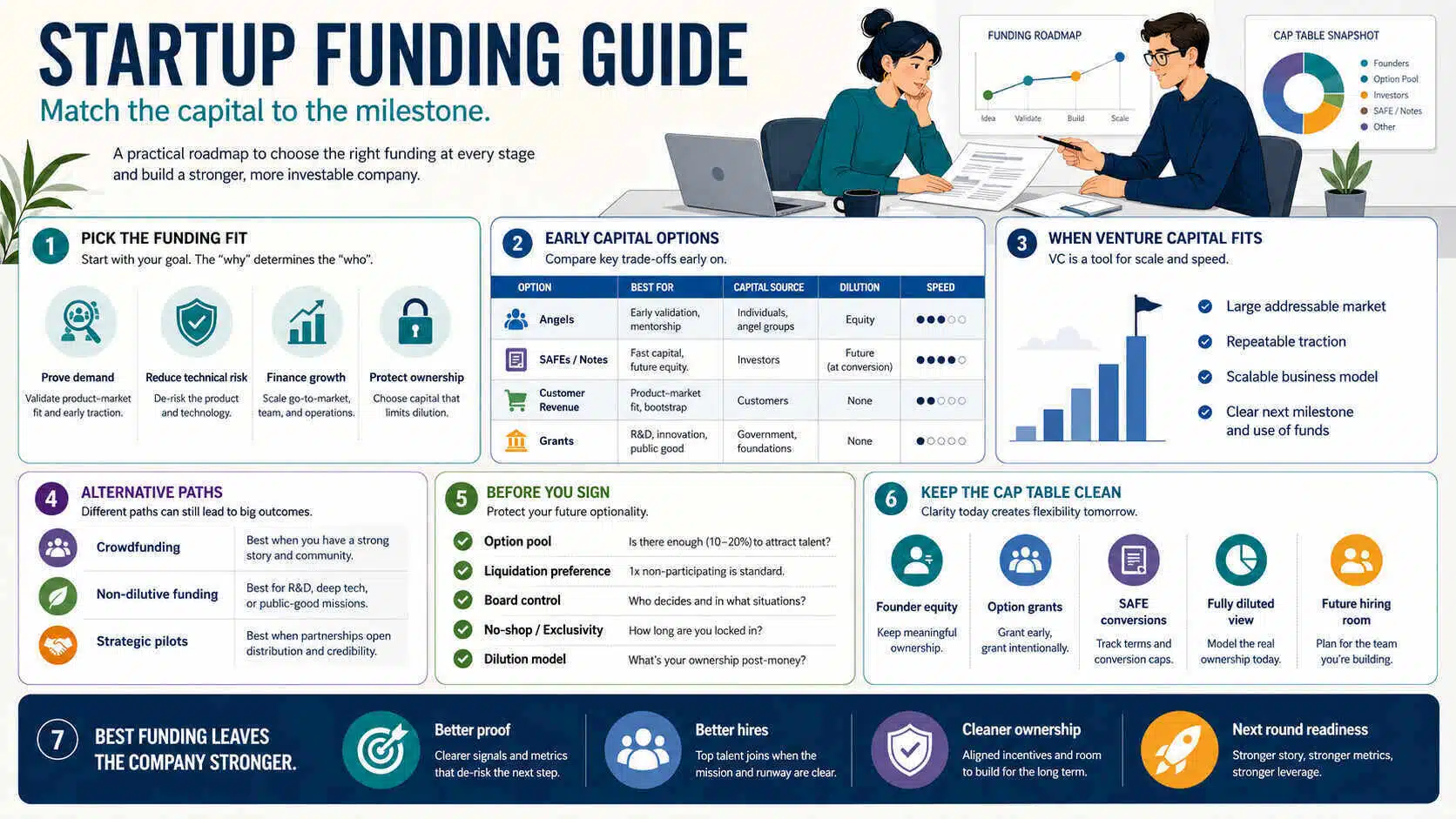 Startup funding guide infographic showing funding fit, early capital options, venture capital readiness, alternative funding paths, term sheet checks, and cap table planning.