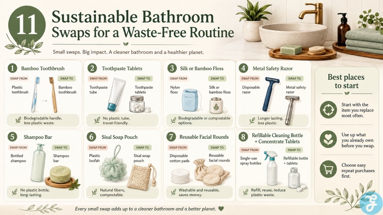 Sustainable bathroom swaps for a waste free routine showing eco bathroom product alternatives to common plastic items