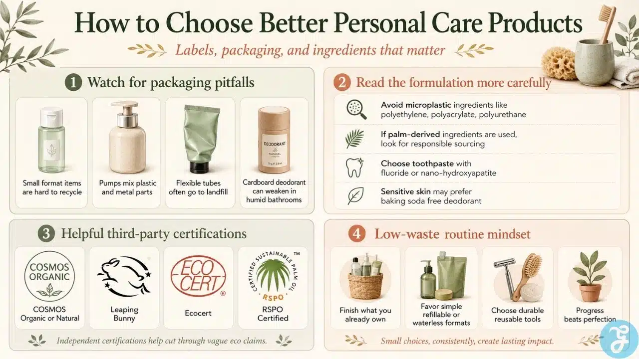 Sustainable personal care product guide showing packaging pitfalls, safer formulation checks, trusted certifications, and low waste routine tips