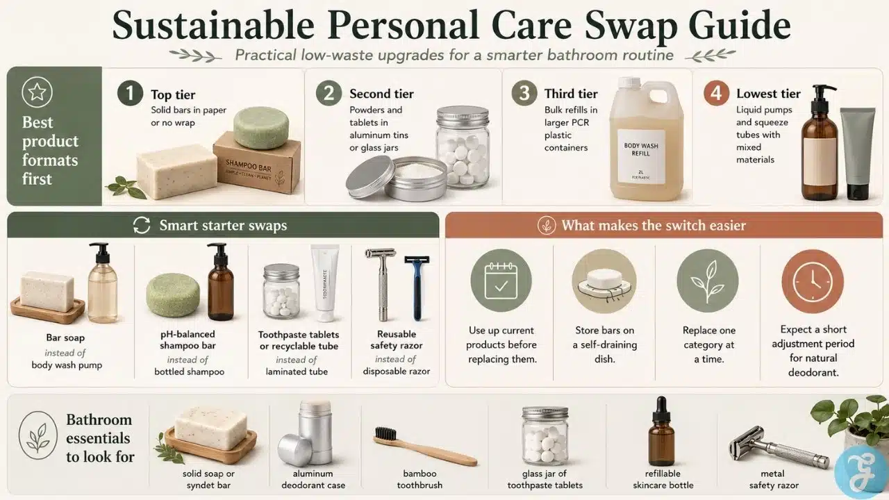Sustainable personal care swap guide showing low waste product formats, starter swaps, reusable bathroom essentials, and transition tips