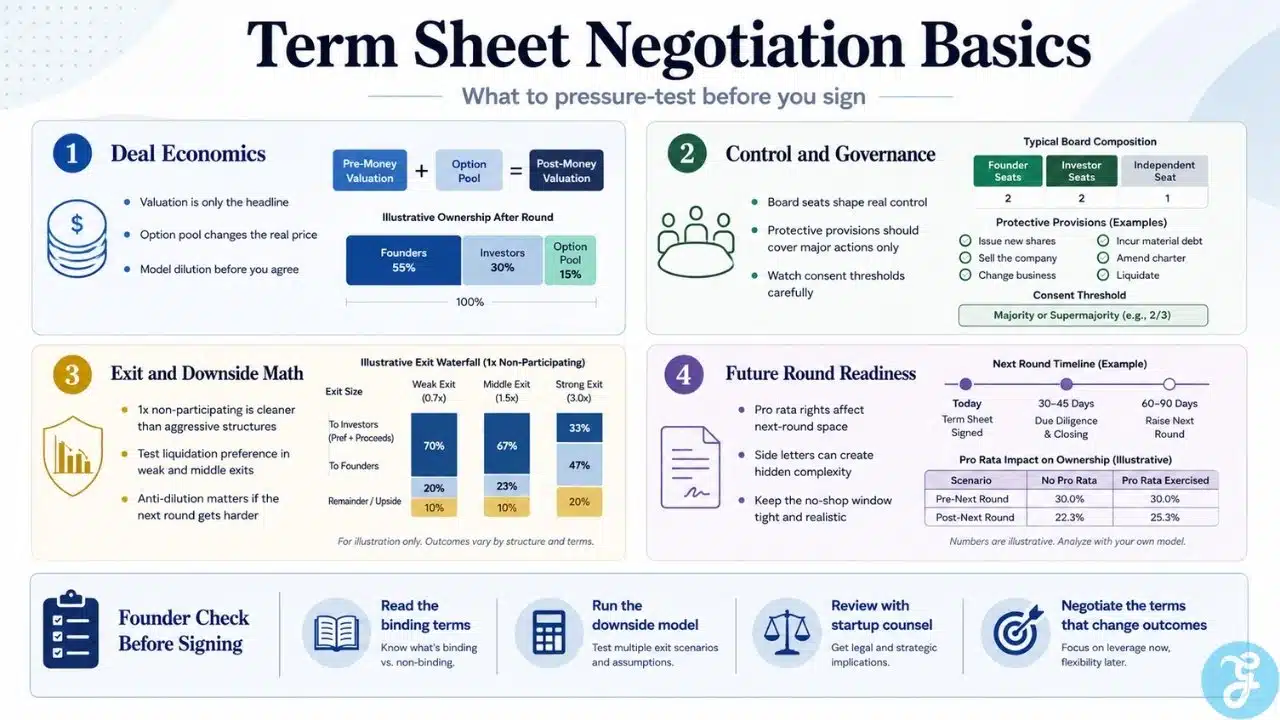 Term sheet negotiation infographic explaining deal economics, board control, liquidation preference, pro rata rights, no shop clauses, and founder checks before signing.
