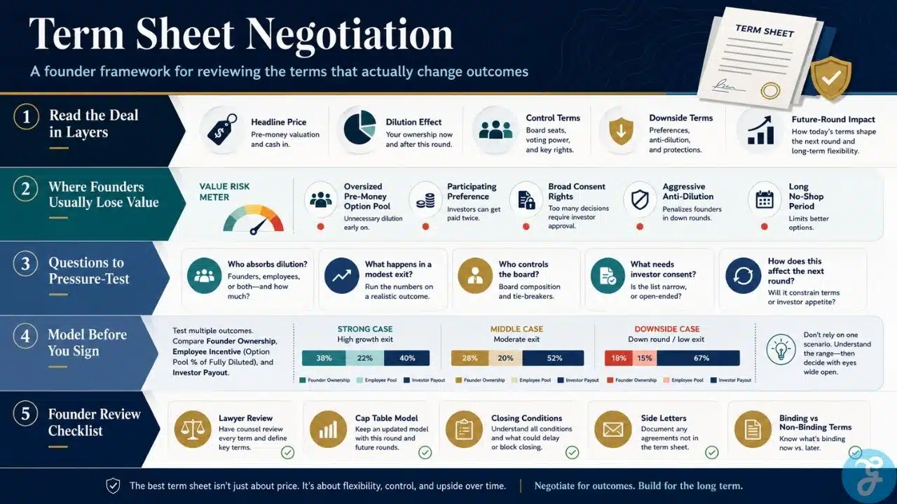Term sheet negotiation framework infographic showing founder review layers, value risks, pressure test questions, downside modeling, and VC term sheet checklist.