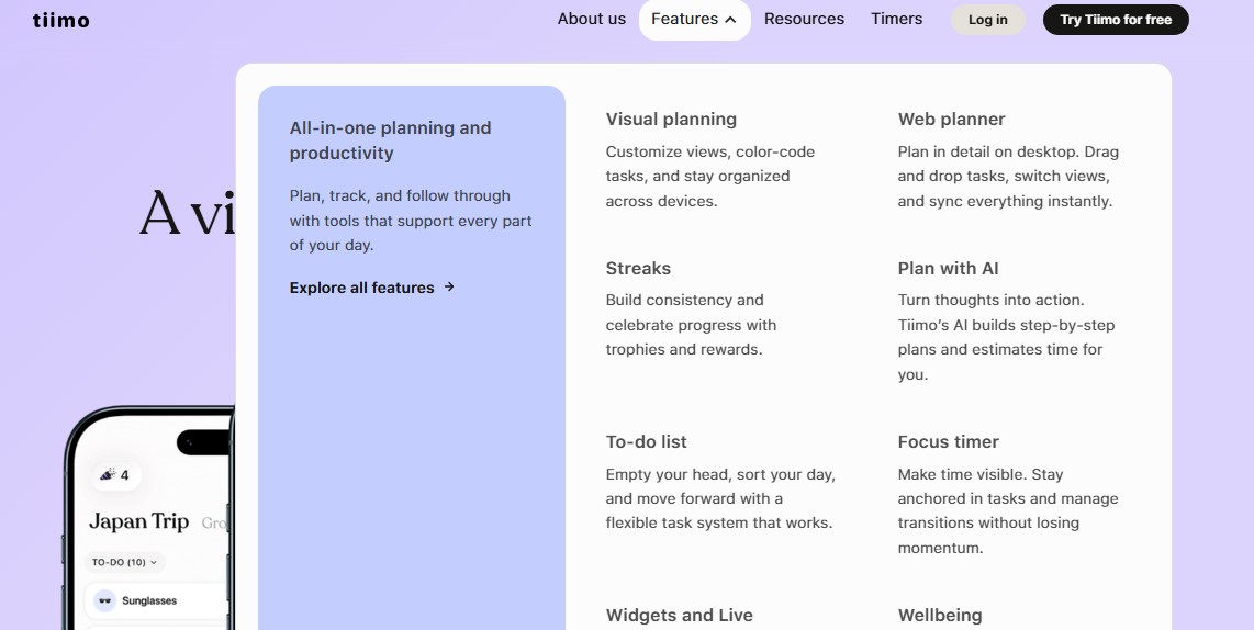 tiimo adhd productivity app features