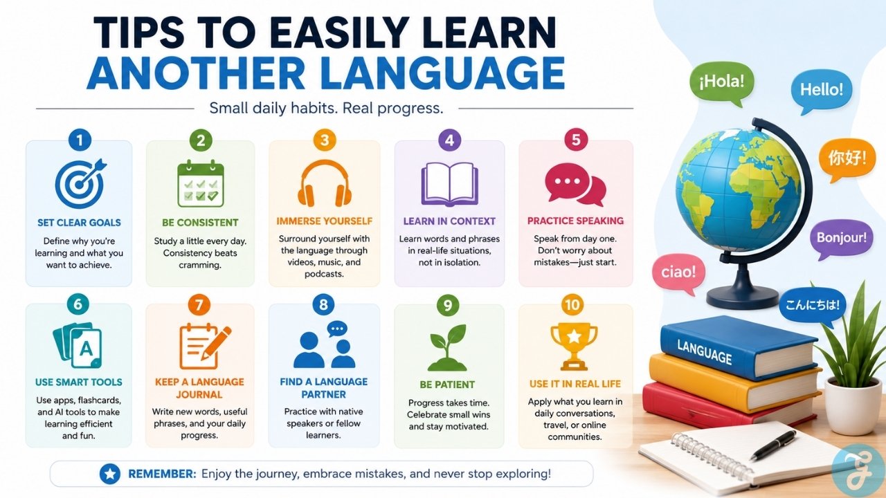 Infographic with practical tips for learning another language through daily practice, speaking, immersion, and smart tools