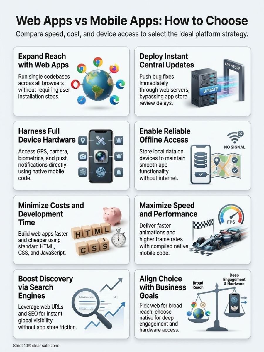 Infographic explaining how reach, updates, hardware access, offline use, cost, speed, SEO, and business goals guide app choice.