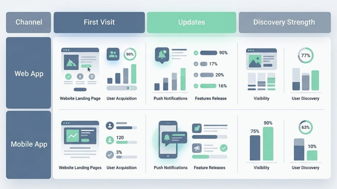 Visual comparison of web and mobile app updates, first visits, user acquisition, notifications, and discovery strengths.