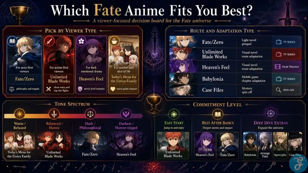 Fate anime viewer decision board showing which Fate series anime fits different watch styles and commitment levels