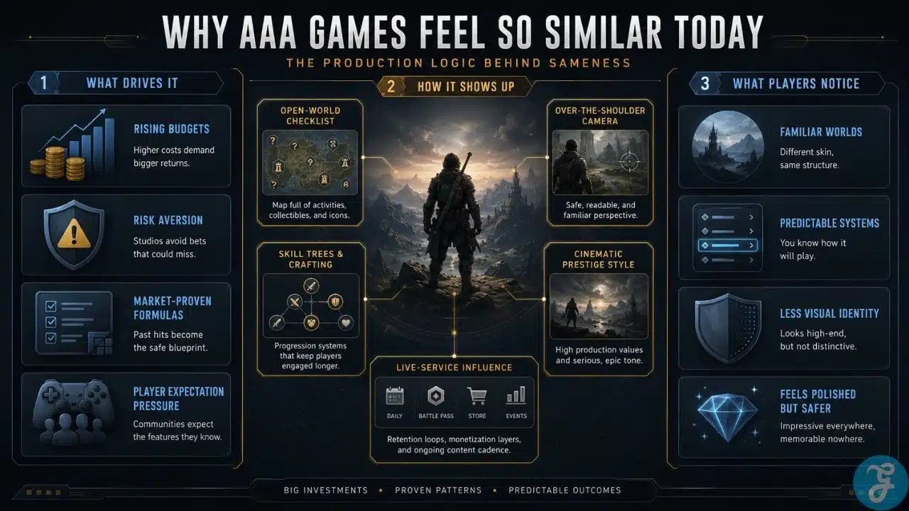 Infographic explaining why AAA games look the same through rising budgets, safer design patterns, open world checklists, and familiar player systems