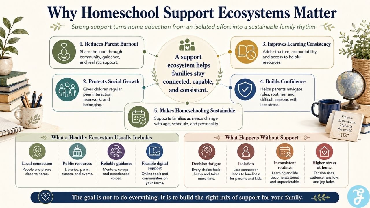 Infographic explaining why homeschool support ecosystems reduce burnout, improve consistency, and prevent isolation for families.