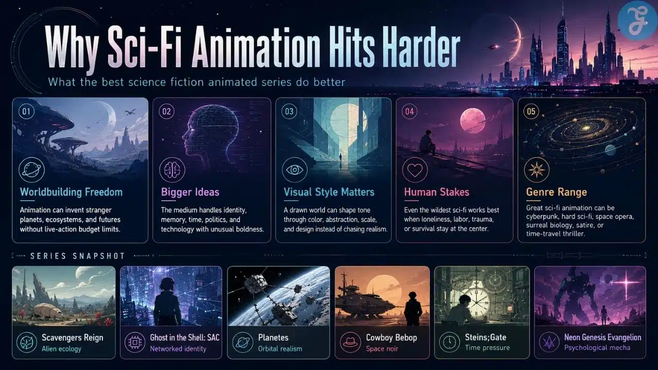 Infographic explaining why the best science fiction animated series use animation to explore bigger ideas, stranger worlds, and human stakes