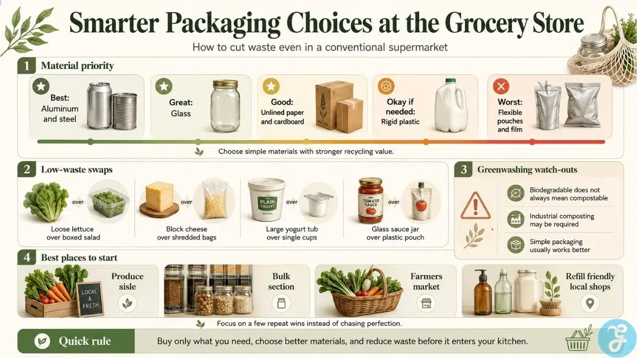 Zero waste grocery shopping packaging guide showing better material choices, low waste swaps, and greenwashing warning signs