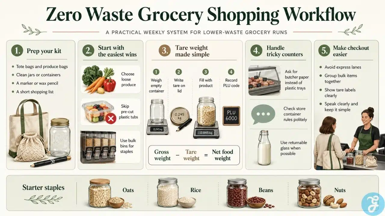 Zero waste grocery shopping workflow showing reusable kits, tare weight, bulk bins, checkout tips, and starter pantry staples