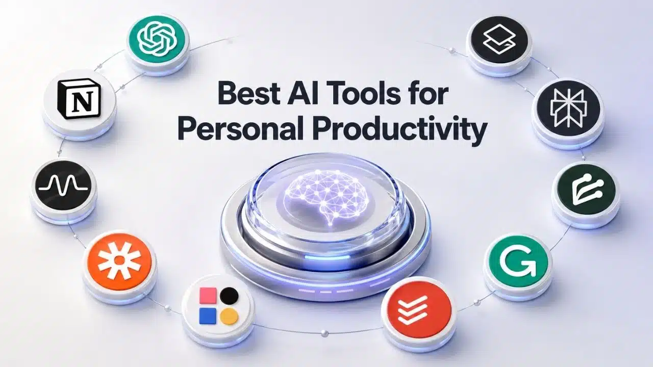 Visual list of the 10 best AI tools for personal productivity and workflow automation, including ChatGPT and Notion AI logos.