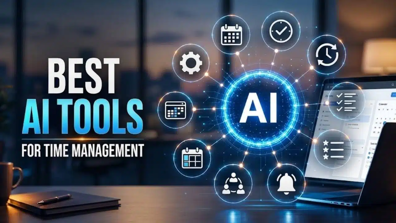 Best AI tools for time management shown with AI powered scheduling, calendar, task tracking, reminders, and productivity icons on a digital workspace