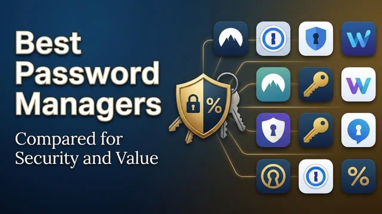 A guide comparing best password manager software for their security features, value, and plans, featuring a secure shield and app icons