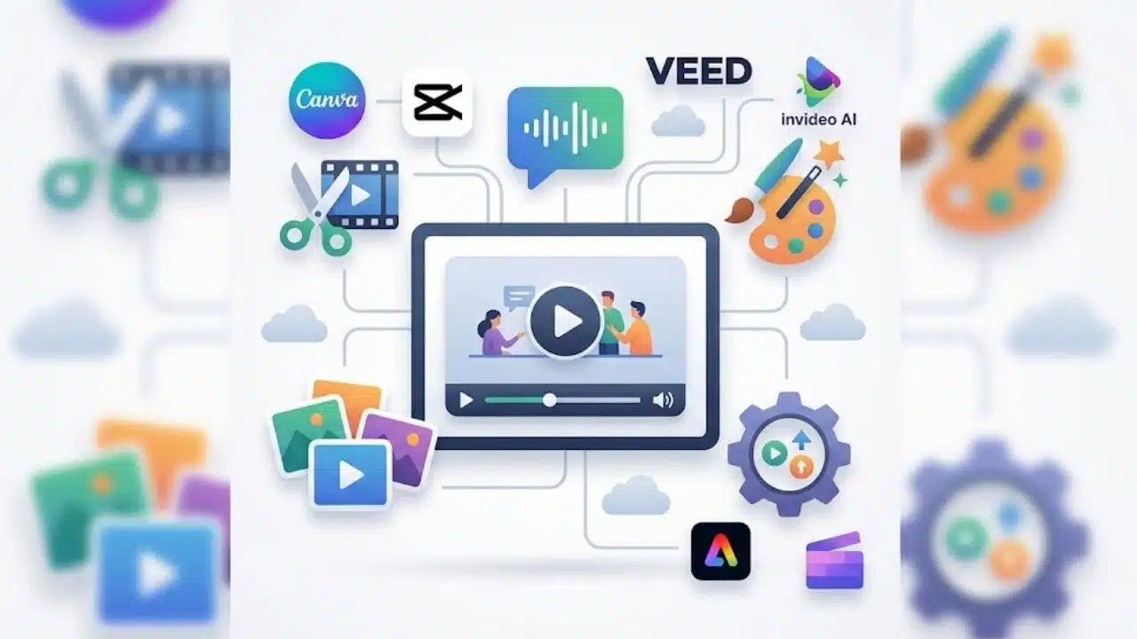 An infographic showcasing various Video Marketing Tools for Non-Editors, including logos for Canva, CapCut, and Veed, with icons for features like editing, design, and audio