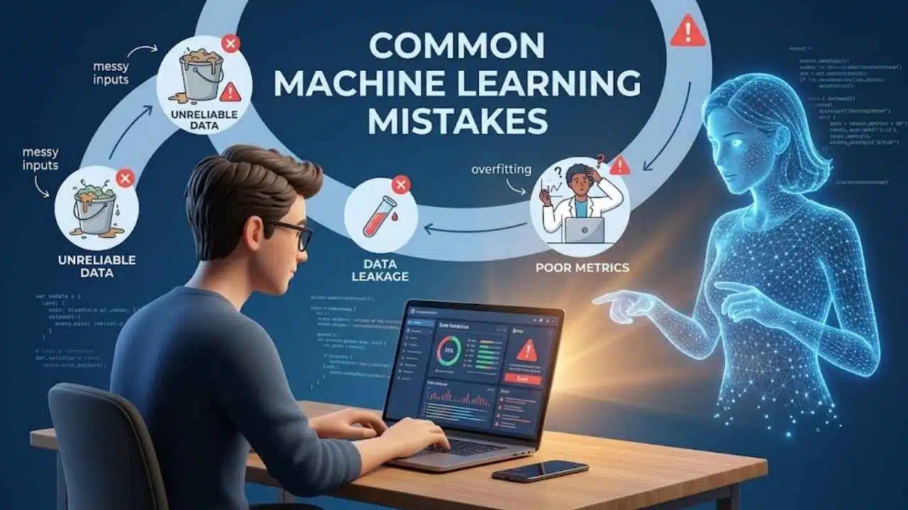 Common Machine Learning Mistakes: illustration of a beginner working on an ML project with unreliable data, data leakage, overfitting, and poor model metrics.