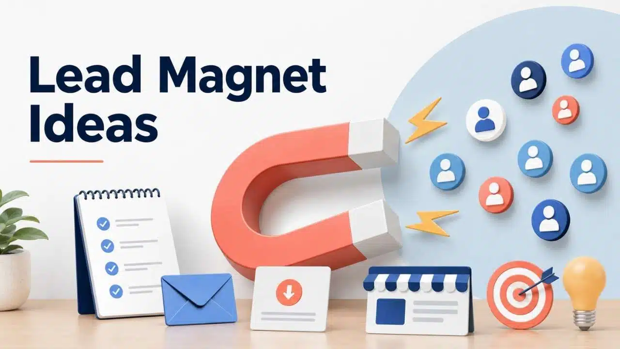 Lead magnet ideas illustrated by a magnet attracting potential customers, with email, checklist, download, landing page, target, and lightbulb icons.