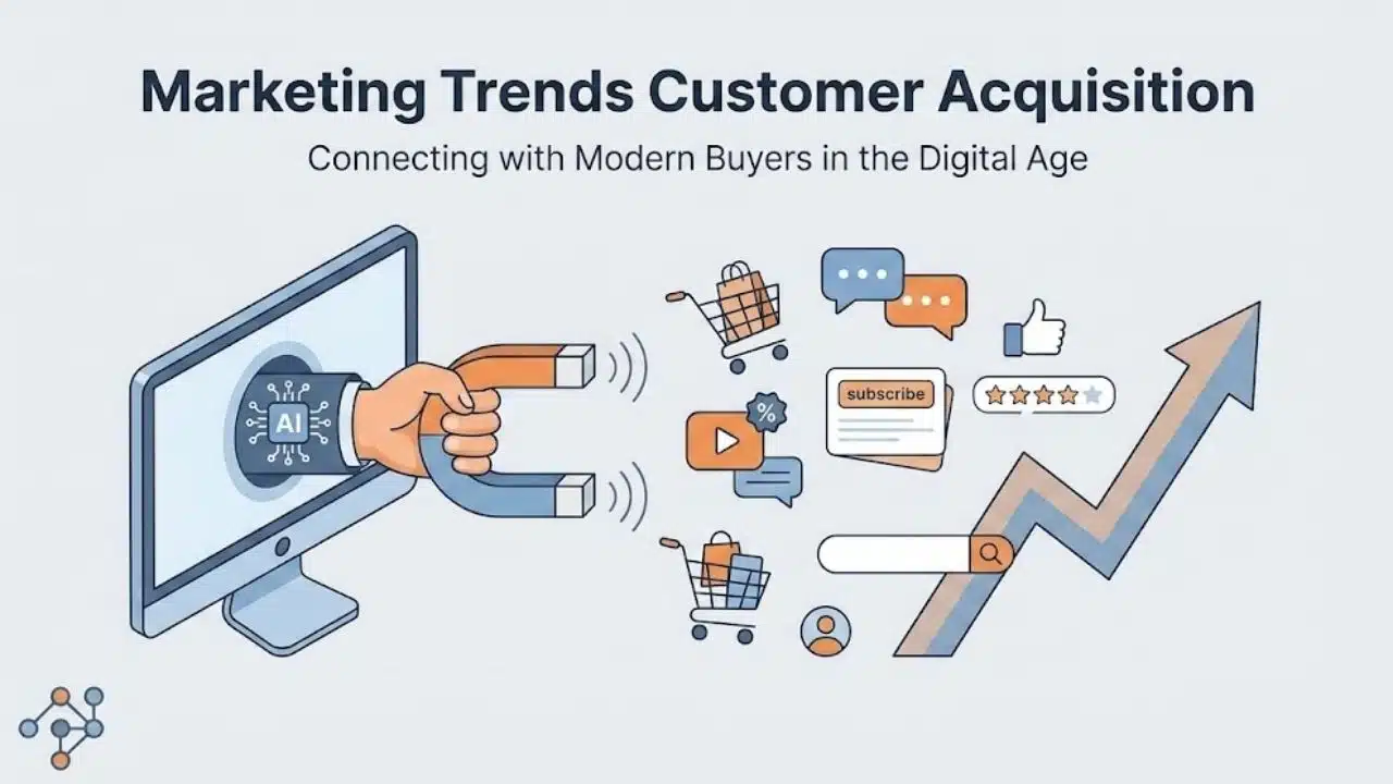 An infographic illustrating "Marketing Trends Customer Acquisition" with a hand holding a magnet labeled AI emerging from a computer screen and attracting various digital icons.