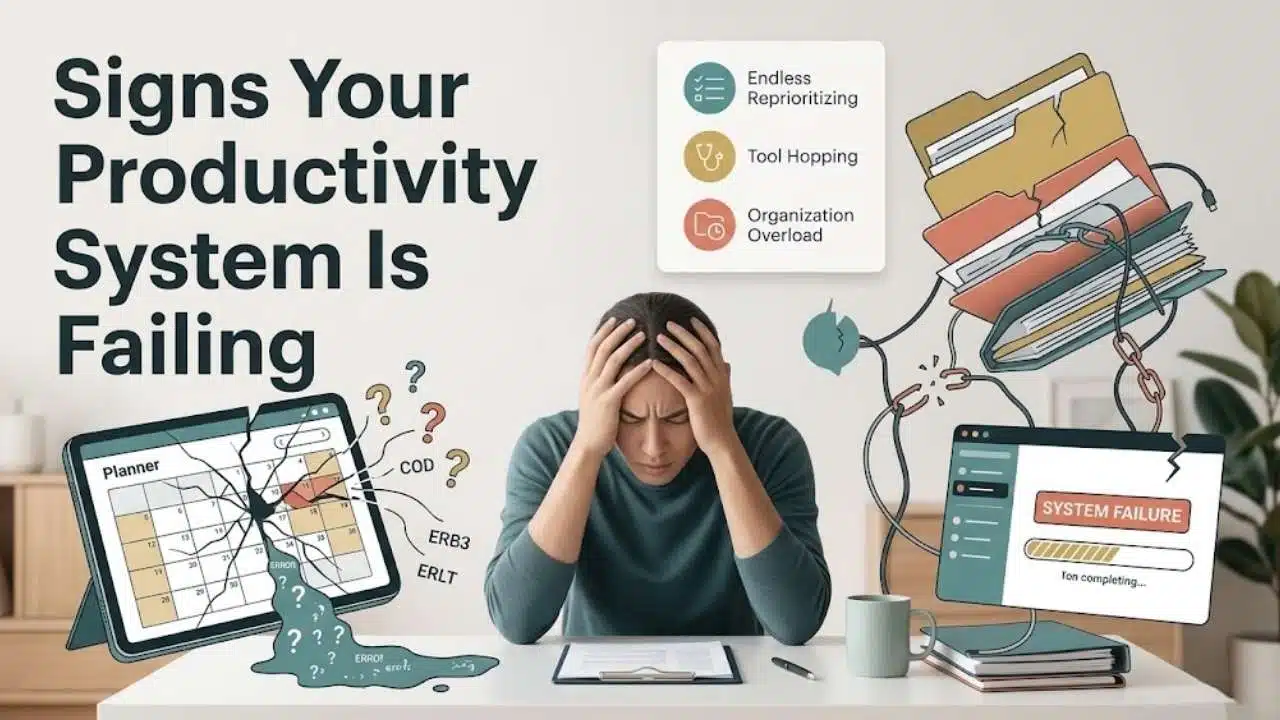 An overwhelmed person surrounded by broken digital tools and disorganized files, illustrating clear signs your productivity system is failing, such as organization overload, tool hopping, and endless reprioritizing