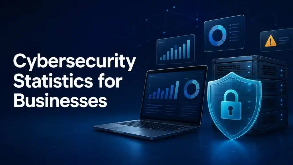Digital security dashboard displaying key cybersecurity statistics for businesses alongside a glowing shield icon and network servers.