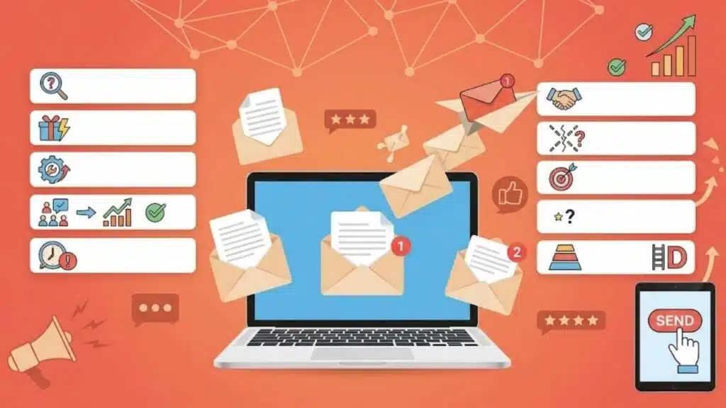 Email subject line formulas illustrated through an email marketing dashboard with message icons, engagement signals, and performance indicators