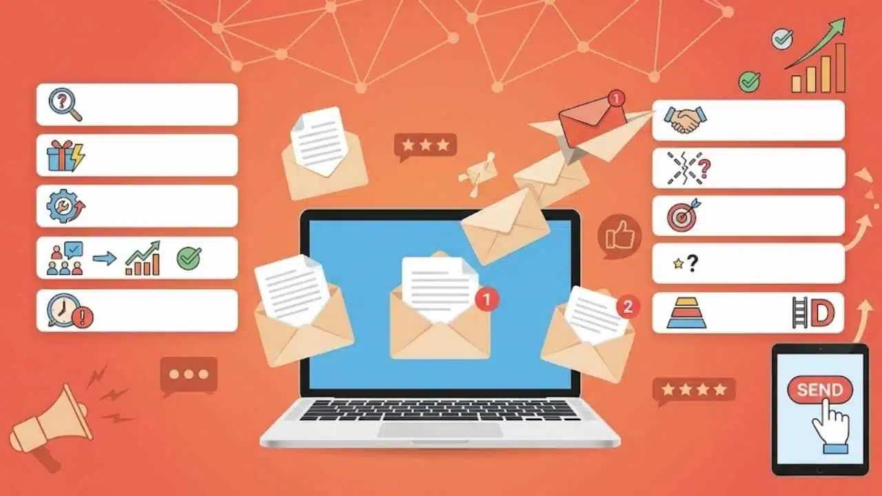 Email subject line formulas illustrated through an email marketing dashboard with message icons, engagement signals, and performance indicators